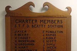 A plaque on display at Springfield Township Station 1 showing the charter members of the fire department.